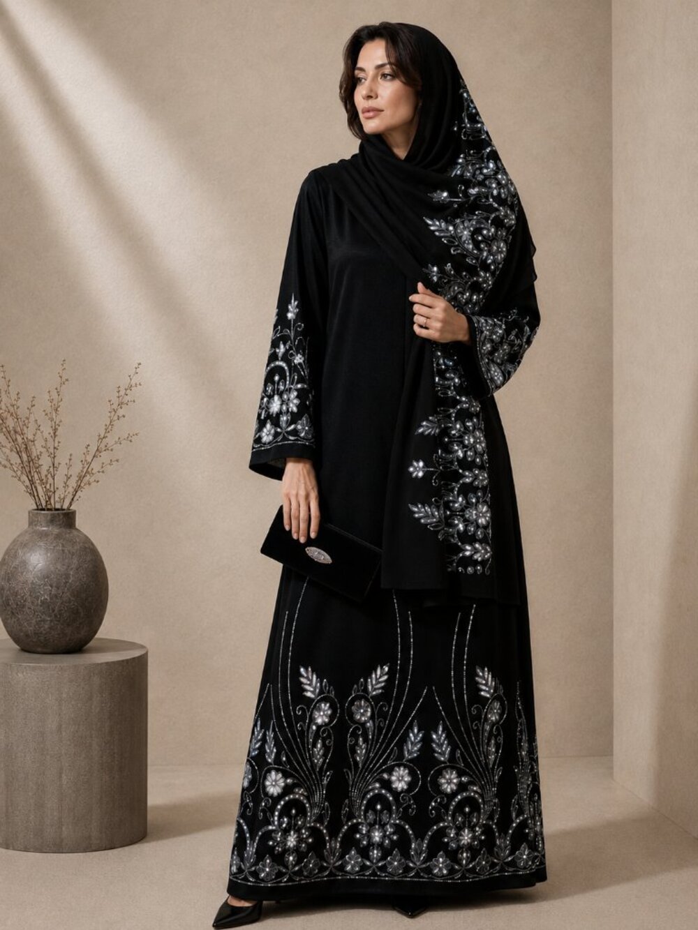 Sequin Embroidered Abaya Set and Matching Hijab Shawl Wrap and BONUS GIFT clutch